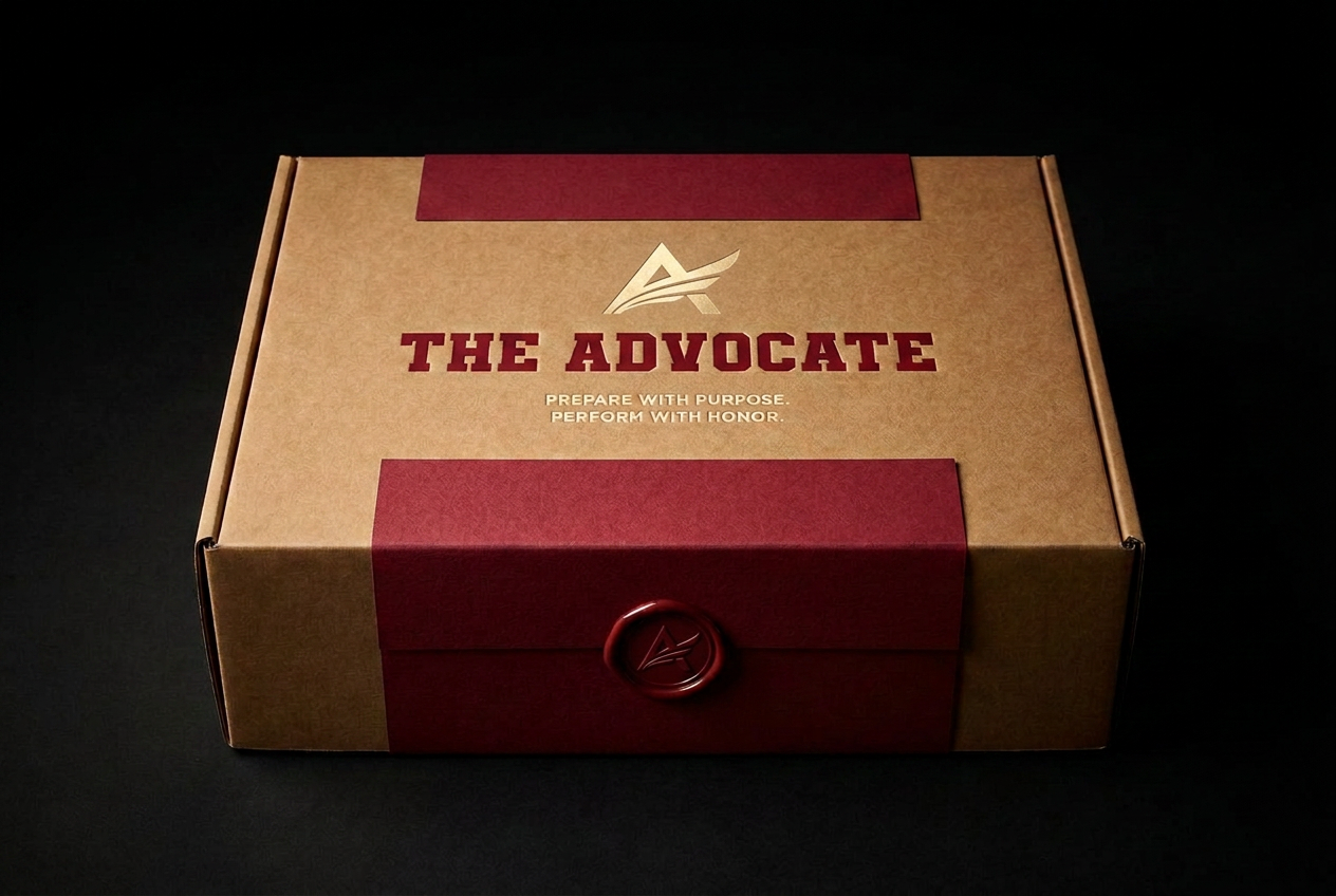 The Advocate Welcome Merch Box - kraft box with crimson belly band, gold-foil A mark, and wax seal